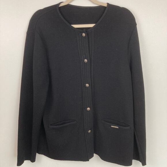 Geiger Sweaters - Vintage Geiger Womens 12 Black Boiled Wool Buttoned Cardigan Classic Old Money